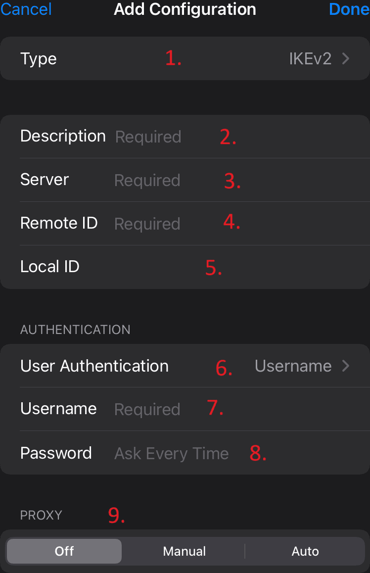 Native IKEv2-VPN-Konfigurationsfelder von iOS, nummeriert von eins bis neun