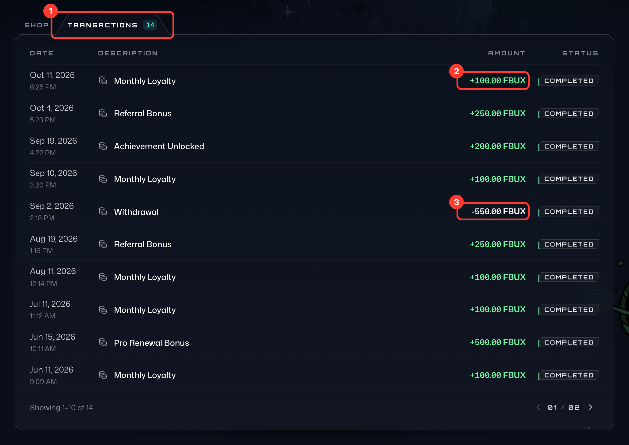 Transactions tab (1) with an earned entry (2) and an airdrop (3) highlighted
