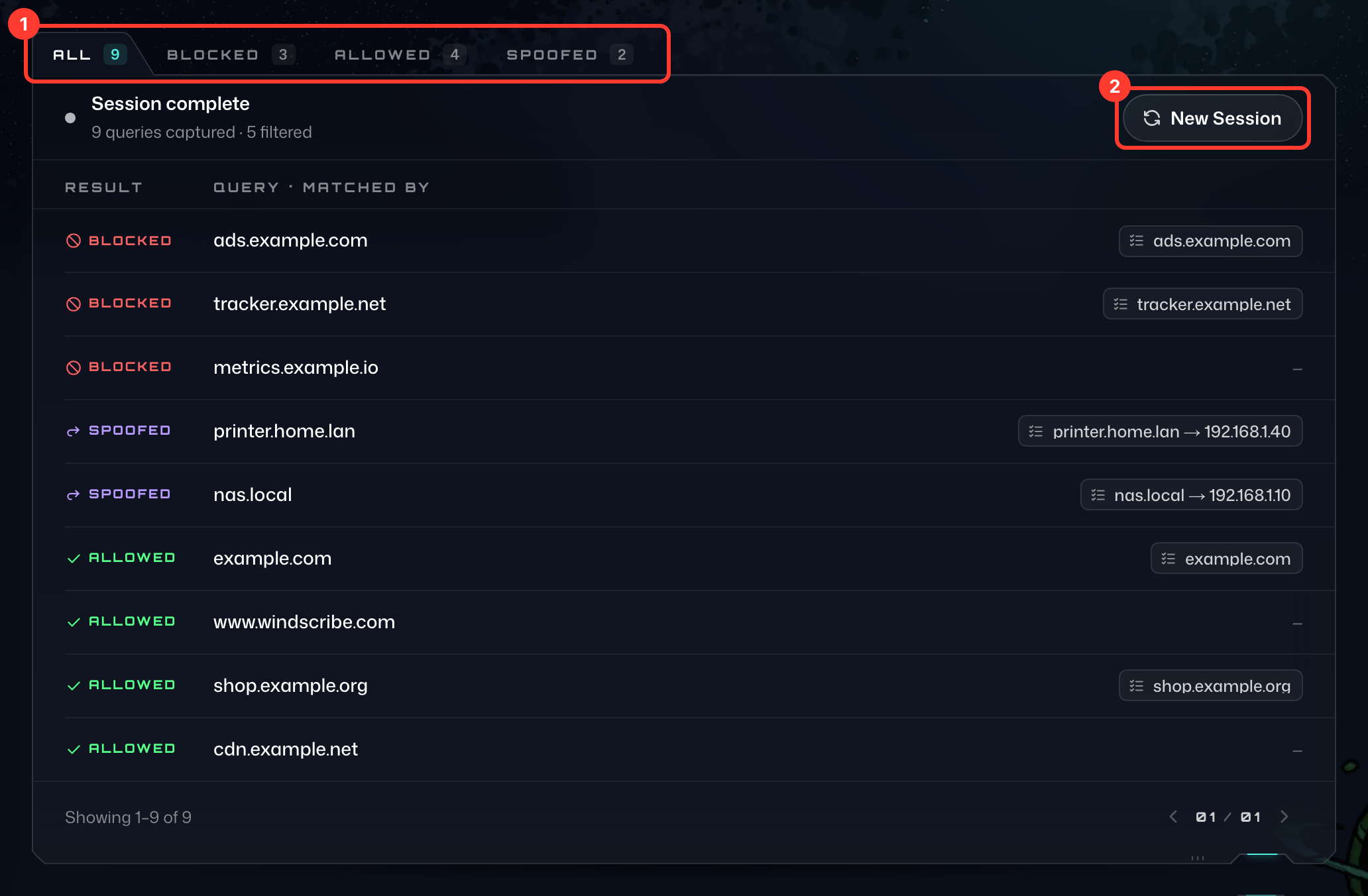 A completed debug session listing each domain with its result, with the All, Blocked, Allowed and Spoofed tabs and New Session numbered 1 and 2