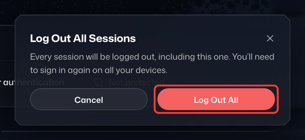 The Log Out All Sessions dialog, with Log Out All highlighted