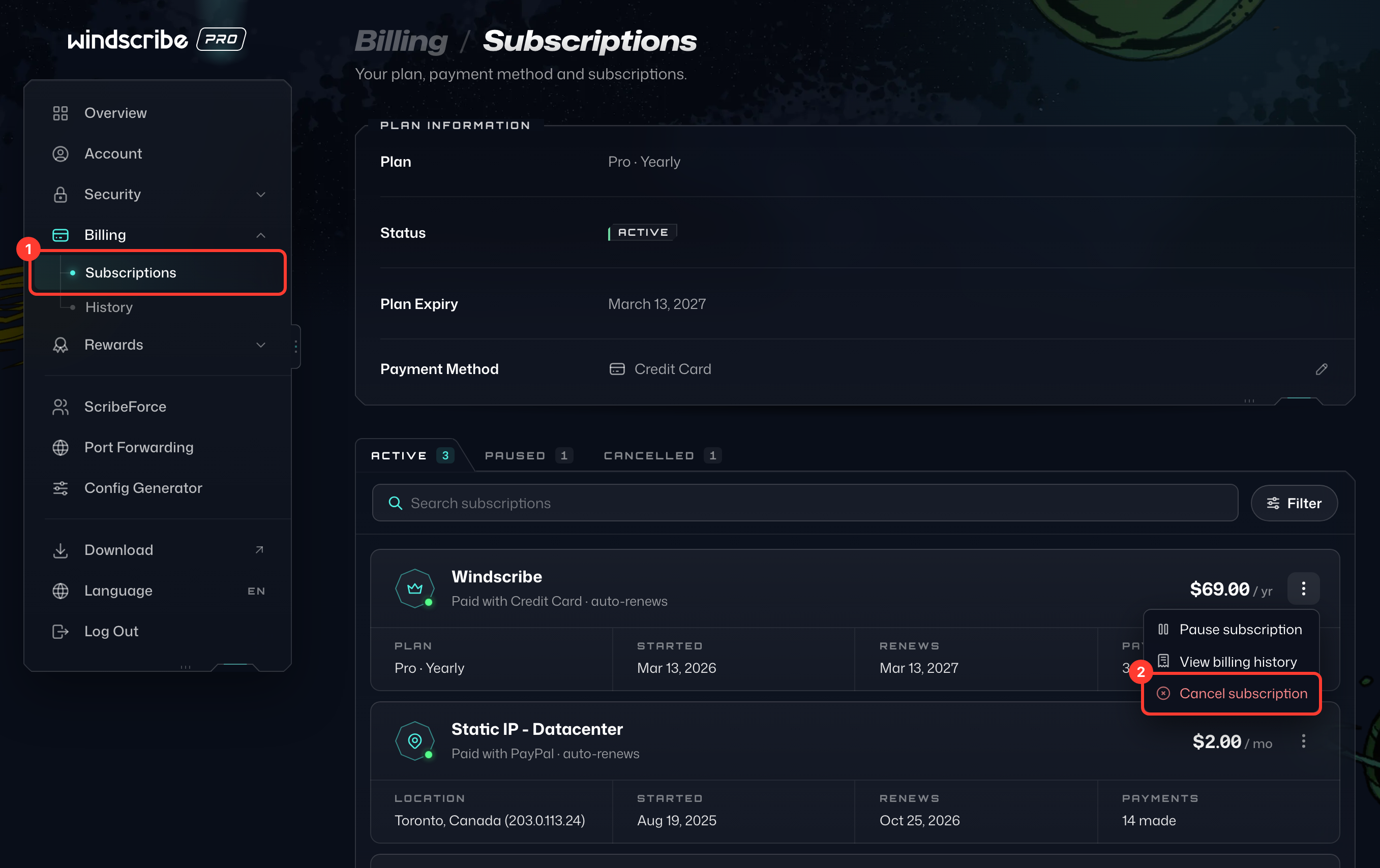Subscriptions under Billing in My Account, with Subscriptions highlighted in the sidebar and Cancel subscription highlighted in a subscription's ⋮ menu